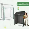 A collage showing two views of a greenhouse. The left view shows a clear greenhouse with dimensions. The right view shows a person standing next to a black greenhouse with dimensions, holding a potted plant. Podgląd zdjęcia produktu