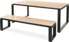 A wooden dining table and two benches with black metal frames are shown against a white background. Produktbild-Vorschau