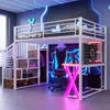 A futuristic-themed bedroom with a loft bed, desk, and gaming chair, illuminated by neon lights. Produktbild-Vorschau