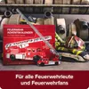 A fire engine advent calendar with toy fire engines and firefighter gear in the background. Produktbild-Vorschau