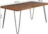 A wooden dining table with black metal legs, shown from a side angle with dimensions indicated. Produktbild-Vorschau