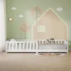 A child's bedroom with a white floor bed, decorated with wall decals of trees, clouds, and a house. Produktbild-Vorschau