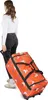 A woman is pulling a large orange rolling suitcase with a bird pattern. Produktbild-Vorschau
