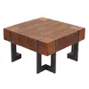 A square wooden coffee table with dark metal legs, shown from a slightly elevated angle against a white background. Voir les images du produit