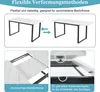 Collage showing different views and features of a white marble-look extendable dining table with black metal legs. Náhled obrázku produktu