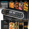 A close-up of an air fryer's control panel and display, with images of food and cooking zones shown above and below. Produktbild-Vorschau