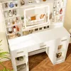 A white vanity table with a lighted mirror and various makeup products displayed on shelves and the tabletop. Voir les images du produit