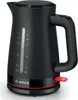 A black Bosch electric kettle with red accents is shown against a white background. Podgląd zdjęcia produktu