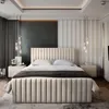 A well-lit bedroom with a modern, upholstered bed as the central focus. Produktbild-Vorschau