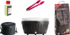 A collage of items related to grilling, including a charcoal bag, tongs, a grill, a carrying case, and a bottle of liquid. Voir les images du produit