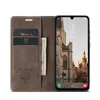 A brown flip case for a smartphone, open to reveal card slots and a phone screen displaying a city scene. Produktbild-Vorschau