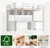 A white loft bed with a desk and shelves, shown with promotional badges at the bottom. Náhled obrázku produktu
