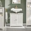 A bathroom vanity with a sink and faucet, a towel rack with a towel, and a tall cabinet. Produktbild-Vorschau