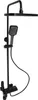 A black shower system with a rain shower head and a handheld shower head.