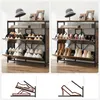 A side-by-side comparison of a multi-tiered shoe storage rack filled with different types of footwear, with illustrations below showing how shoes and heels are stored. Náhled obrázku produktu