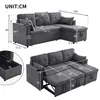 Diagrams showing the dimensions of a gray sectional sofa with storage and a pull-out bed. Podgląd zdjęcia produktu