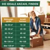 A woman is packing boxes in a room with moving boxes around her. A table with a size chart is in the foreground. Produktbild-Vorschau