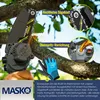 A mini chainsaw cutting a tree branch, with close-ups of its features and a pair of gloves. Produktbild-Vorschau