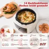 A marketing image showcasing a multi-cooker with various food items and icons representing its functions. Produktbild-Vorschau