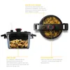 A pressure cooker is shown from the side and from the top, with text highlighting its features. Produktbild-Vorschau
