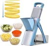 A blue and silver vegetable slicer with various chopped vegetables in bowls around it. Voir les images du produit