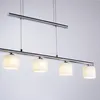 A modern, multi-light pendant lamp with chrome accents and frosted glass shades, suspended against a plain white background. Produktbild-Vorschau