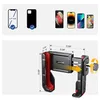 Collage of product images showing phone compatibility and detailed dimensions of a bike phone holder. Produktbild-Vorschau