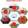 Collage of different scenes where a carbon monoxide detector can be used, including a house, office, factory, market, library, and school. Produktbild-Vorschau