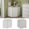 A corner cabinet with a wooden top and white doors, shown in a room setting and as separate product shots. Anteprima dell’immagine prodotto
