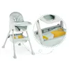 A baby high chair with a tray and a storage basket underneath, shown on a white background. A close-up inset shows a detail of the storage basket. Produktbild-Vorschau