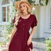 Damen Midikleid mit Taschen Sommerkleid Baumwolle Weinrot Produktbild-Vorschau 2