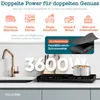 A kitchen counter with a copper faucet and a black induction cooktop with a pot on it. Text overlays describe features and use cases. Produktbild-Vorschau