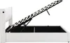 A white upholstered bed frame with the mattress support mechanism lifted to reveal the storage space underneath. Náhľad obrázku produktu