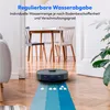 A robotic vacuum cleaner is shown on a wooden floor in a dining room setting, with text overlay describing its features. Produktbild-Vorschau