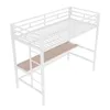 A white metal loft bed with a wooden desk underneath, shown against a white background. Produktbild-Vorschau