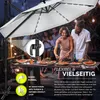 People enjoying a meal outdoors under a large white umbrella with LED lights. Voir les images du produit