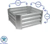 A square raised garden bed made of corrugated galvanized steel, with dimensions indicated by blue lines and circles. Produktbild-Vorschau