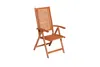 A single wooden garden chair on a white background.