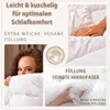 A collage of images showcasing a woman with a pillow, close-ups of bedding, and text highlighting product features. Produktbild-Vorschau