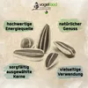 Several sunflower seeds are arranged on a textured, light-colored background, with marketing text boxes around them. Produktbild-Vorschau
