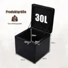 A black storage ottoman with its lid open, showing dimensions and capacity. Podgląd zdjęcia produktu