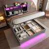 A modern bed with extensive under-bed storage, illuminated by purple LED lights. Produktbild-Vorschau