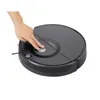 A hand is pressing a button on a black robotic vacuum cleaner. Produktbild-Vorschau