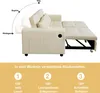 A beige sofa bed shown in multiple configurations with text overlays explaining its features. Podgląd zdjęcia produktu