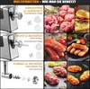 A collage showing different functions of a meat grinder, including grinding food, making sausages, and making patties, with accompanying images of the results. Produktbild-Vorschau