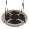 A round fabric swing with black accents, suspended by black ropes against a white background. Náhľad obrázku produktu