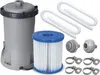 A collection of pool cleaning equipment, including a filter pump, filter cartridge, hoses, and connectors, arranged on a white background. Náhľad obrázku produktu