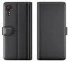 A black leather flip case for a smartphone is shown from two angles. Produktbild-Vorschau