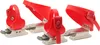 Three red children's skates are arranged diagonally on a white background. Voir les images du produit