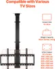 A diagram showing a ceiling TV mount with specifications for screen size, weight capacity, and VESA patterns. Produktbild-Vorschau